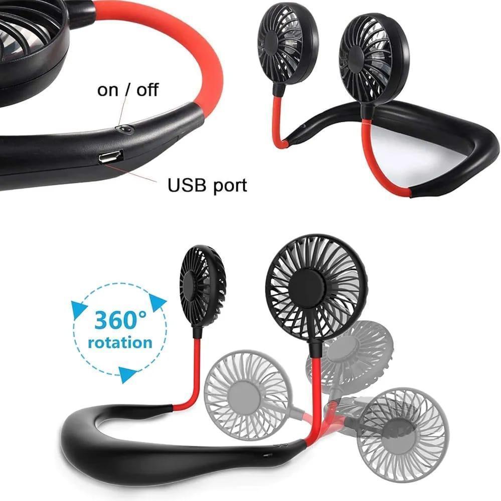USB Rechargeable Foldable Neck Fan Black Red