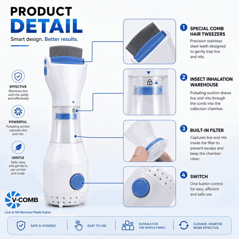 Electric V Comb product detail, stainless steel teeth and suction filter